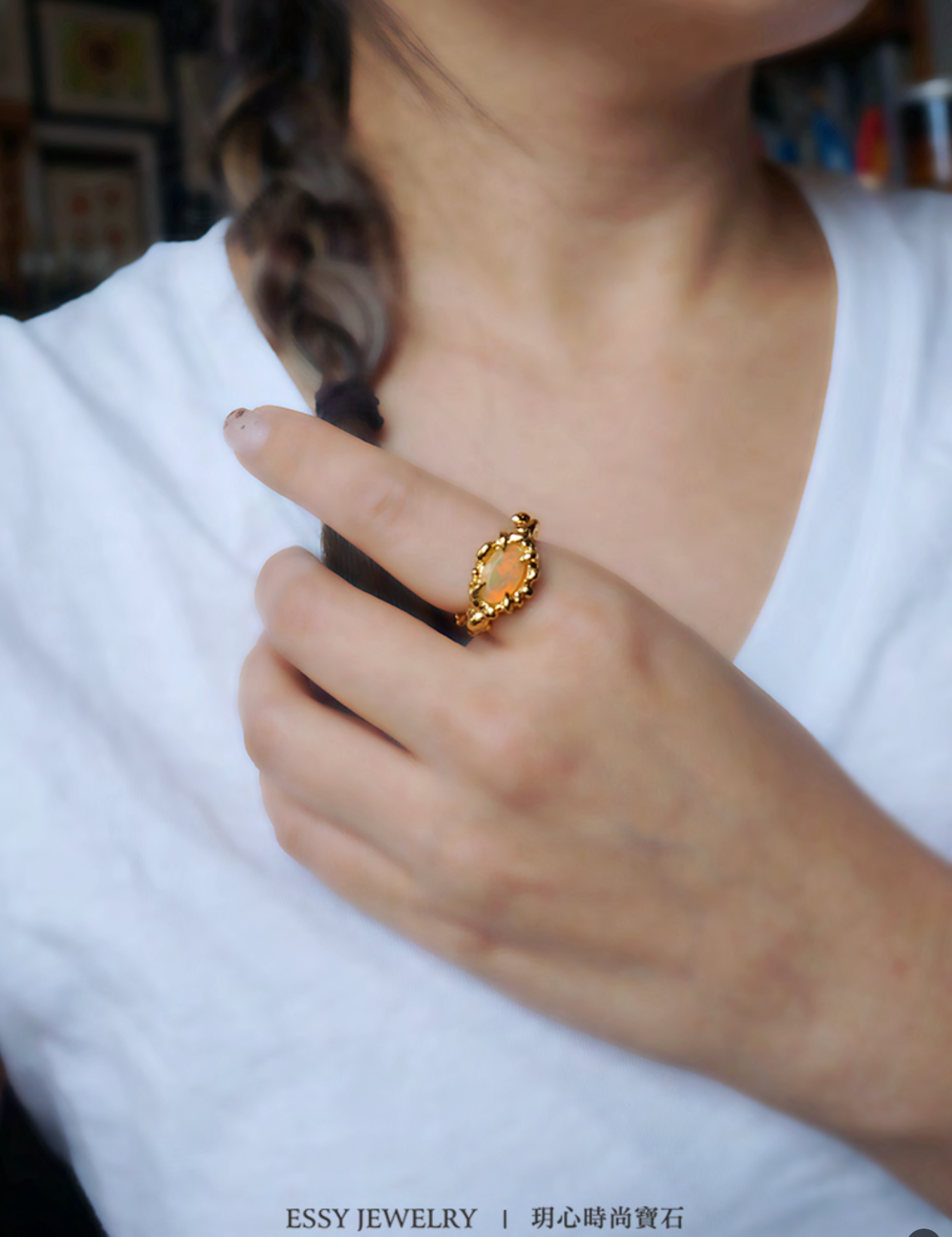 橘彩蛋白石 自然肌理紋 手工純銀戒