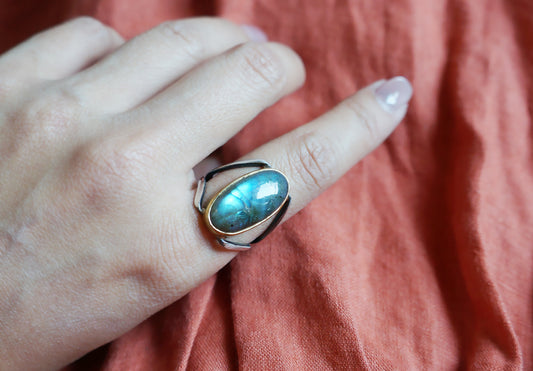 藍暈拉長石純銀造型戒指 #15