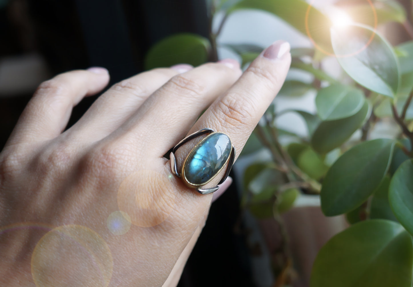 藍暈拉長石純銀造型戒指 #15