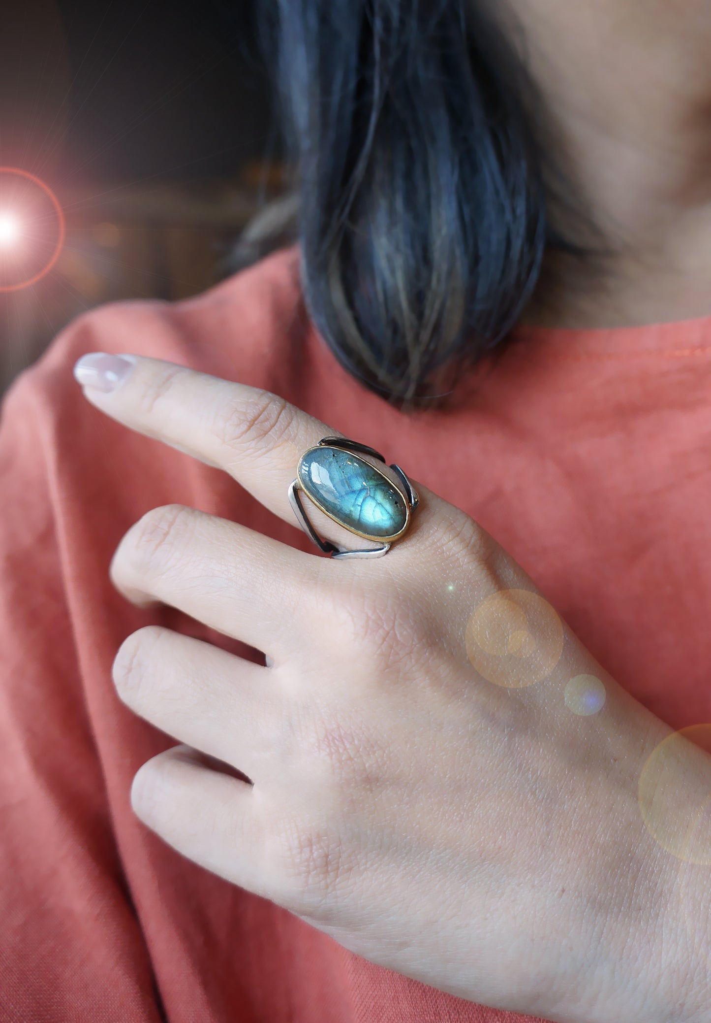 藍暈拉長石純銀造型戒指 #15