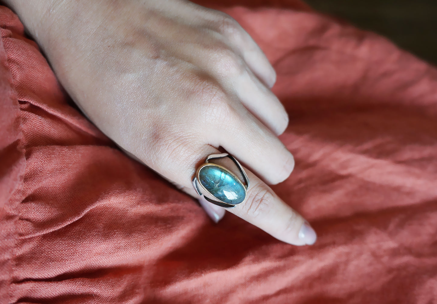 藍暈拉長石純銀造型戒指 #15