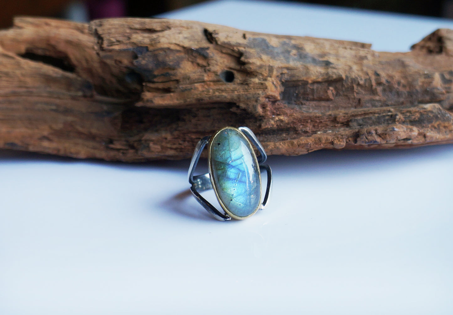 藍暈拉長石純銀造型戒指 #15