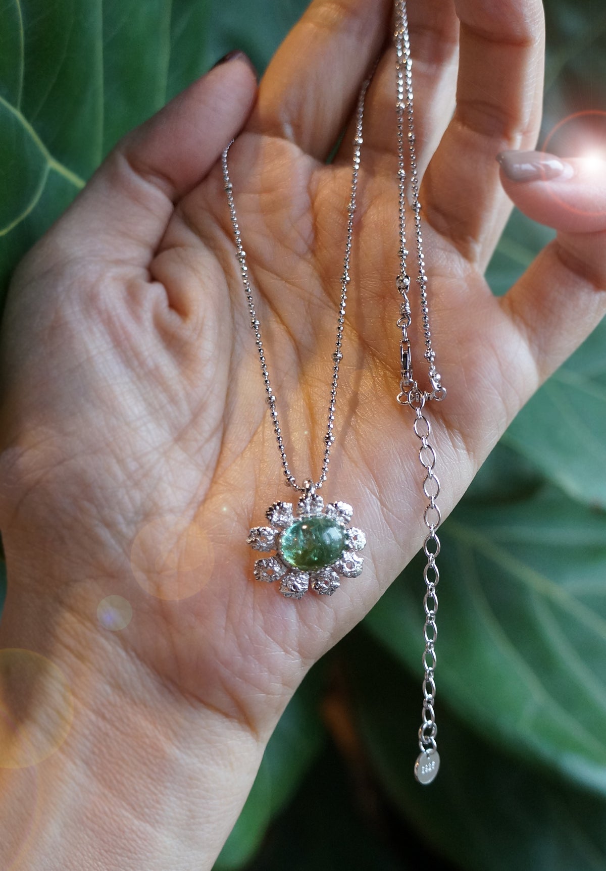 綠碧璽 手工蕾絲花銀+墜 C060301