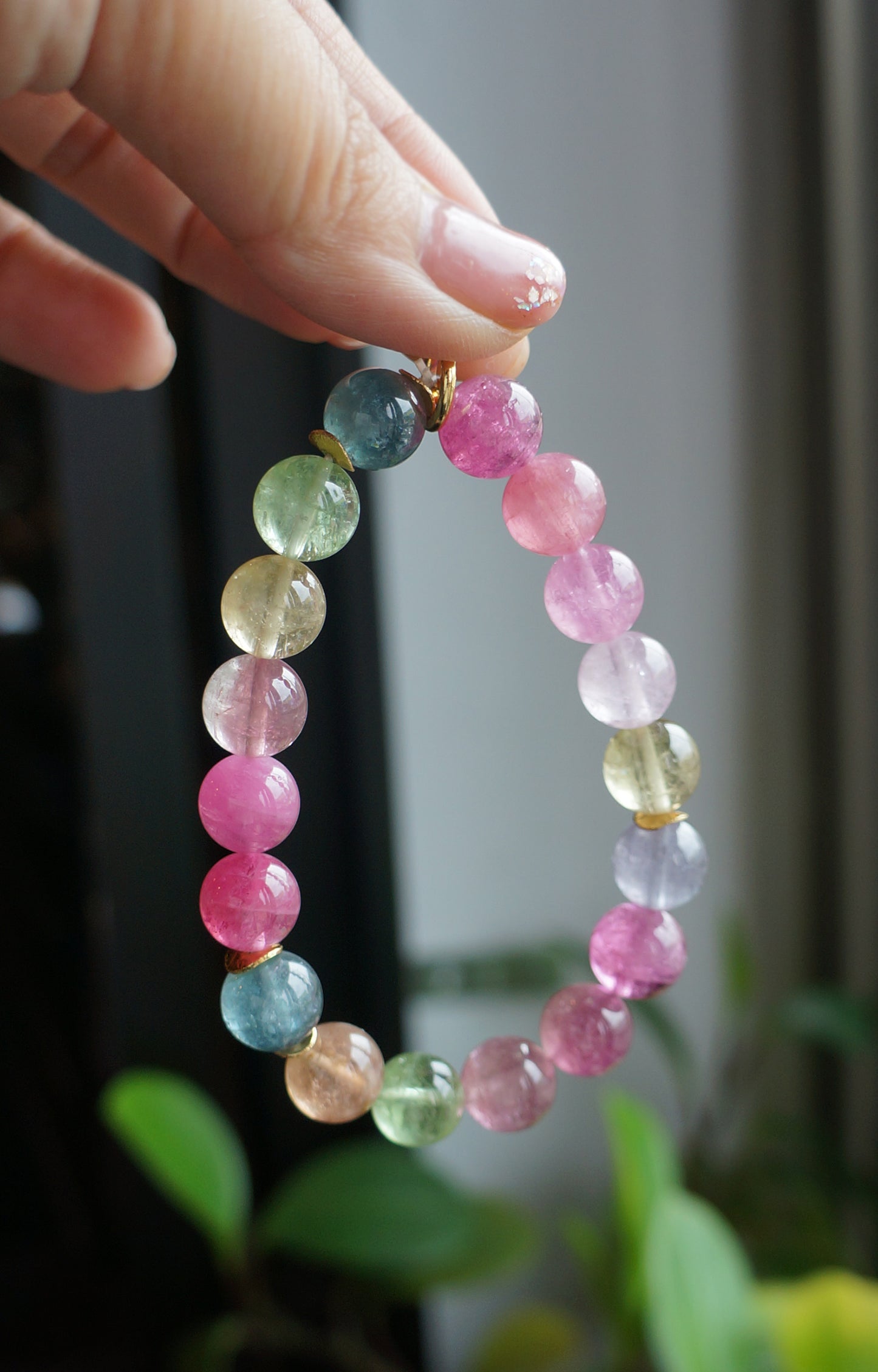 極品｜螢光彩虹碧璽圓珠手鍊