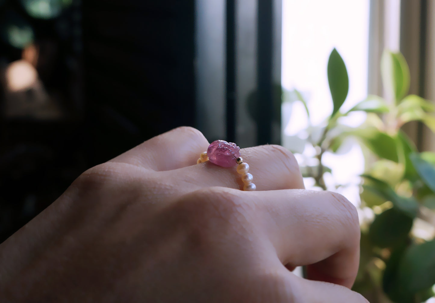 招財貔貅 紅碧璽珍珠戒指 E120202