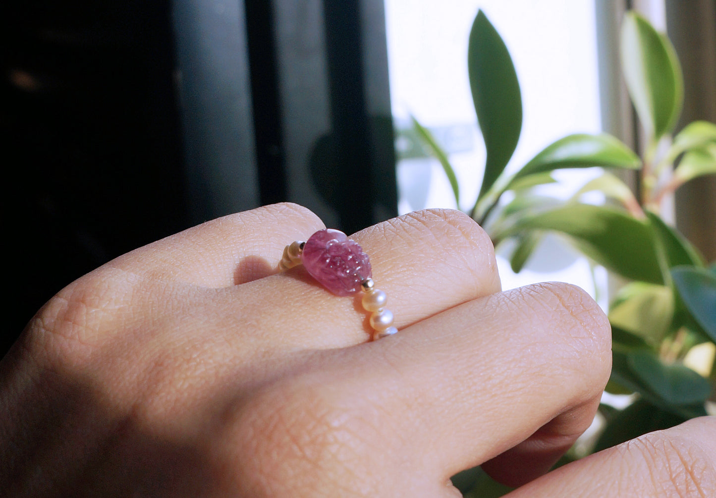 招財貔貅 紅碧璽珍珠戒指 E120202