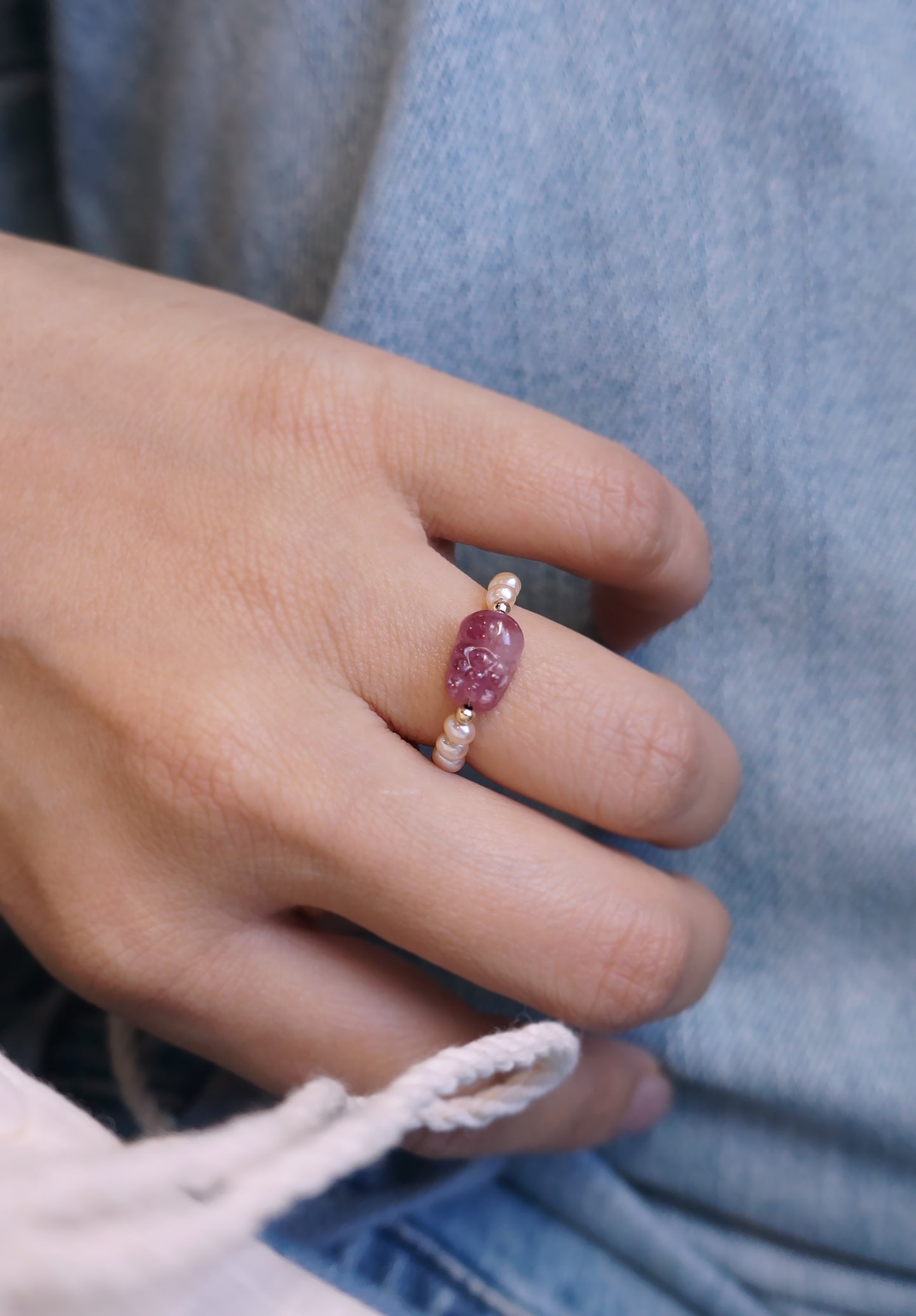 招財貔貅 紅碧璽珍珠戒指 E120202