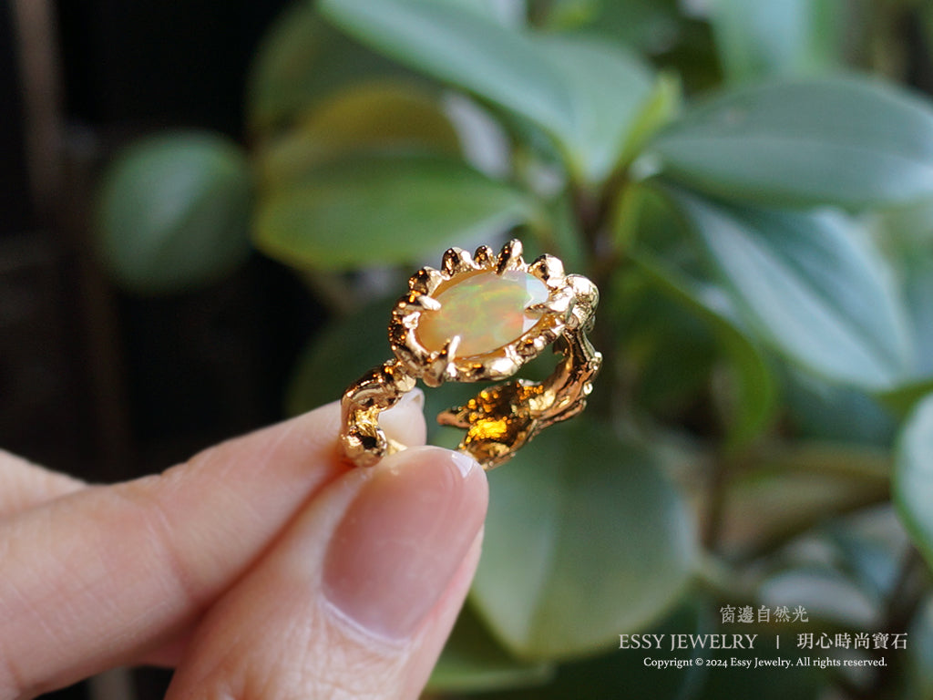 橘彩蛋白石 自然肌理紋 手工純銀戒