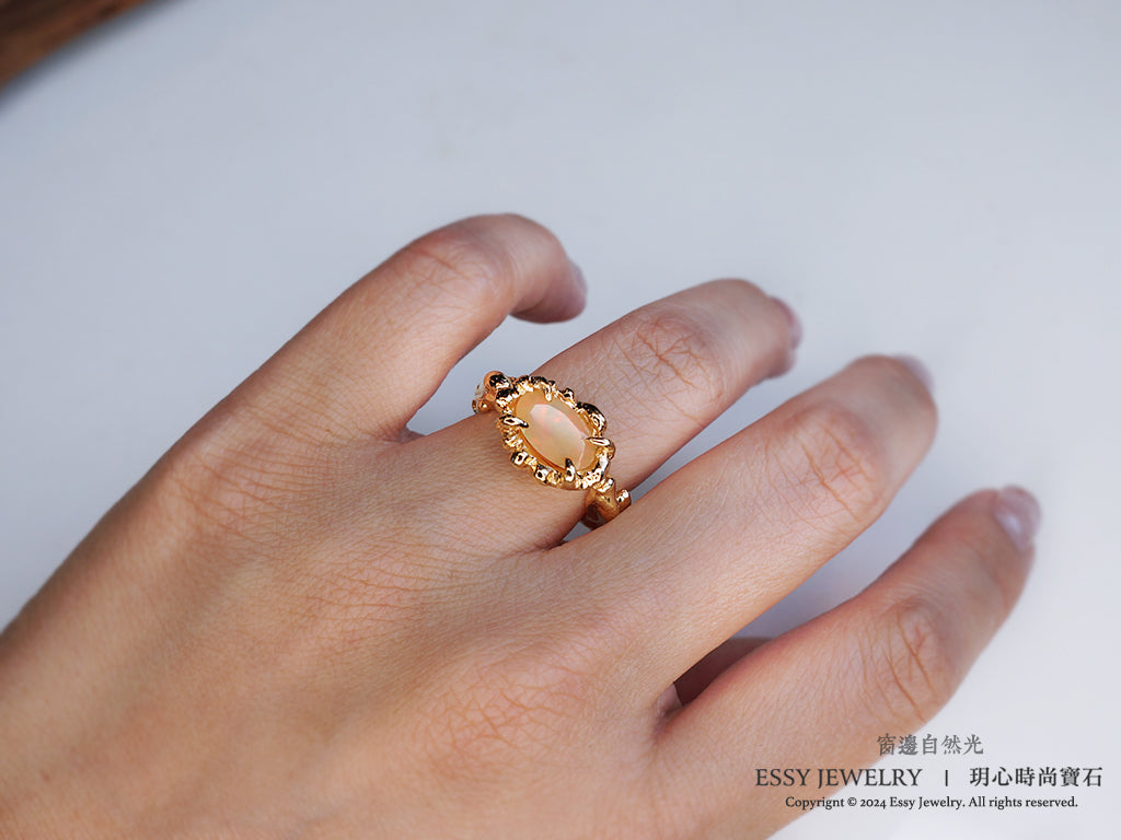 橘彩蛋白石 自然肌理紋 手工純銀戒