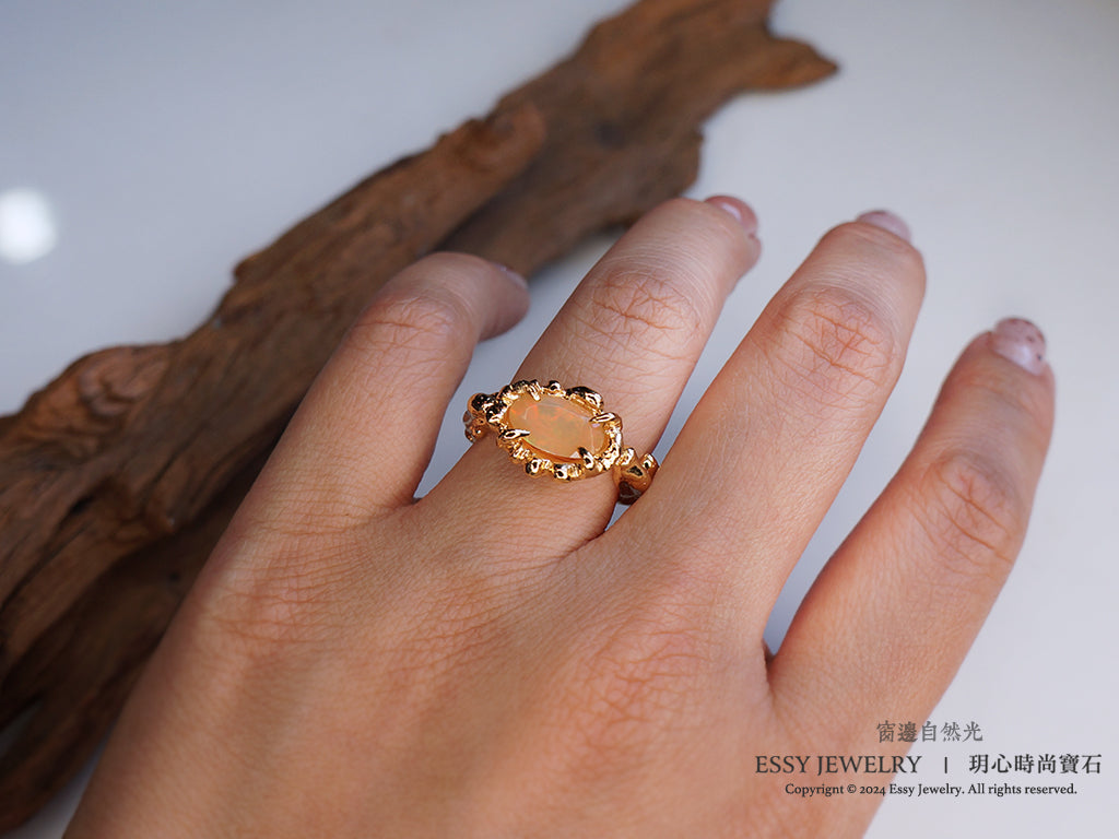 橘彩蛋白石 自然肌理紋 手工純銀戒