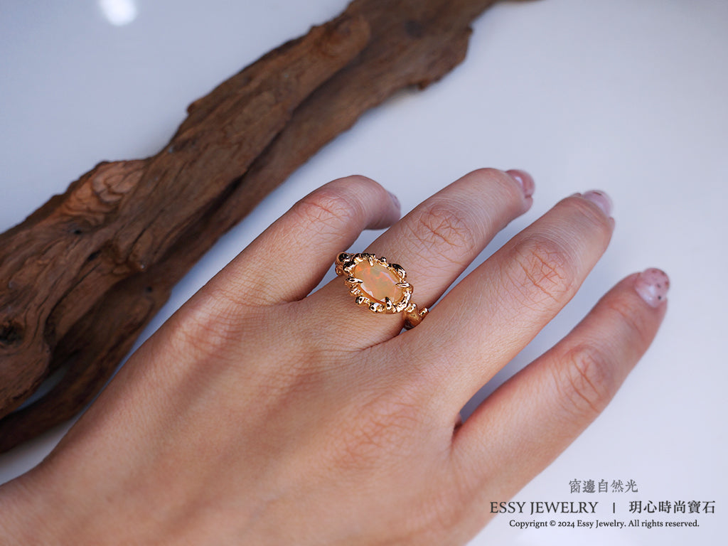 橘彩蛋白石 自然肌理紋 手工純銀戒