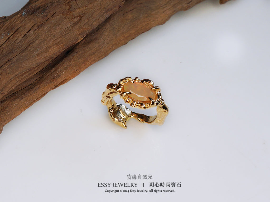 橘彩蛋白石 自然肌理紋 手工純銀戒