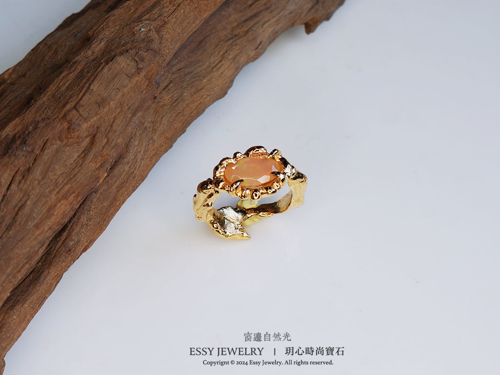 橘彩蛋白石 自然肌理紋 手工純銀戒