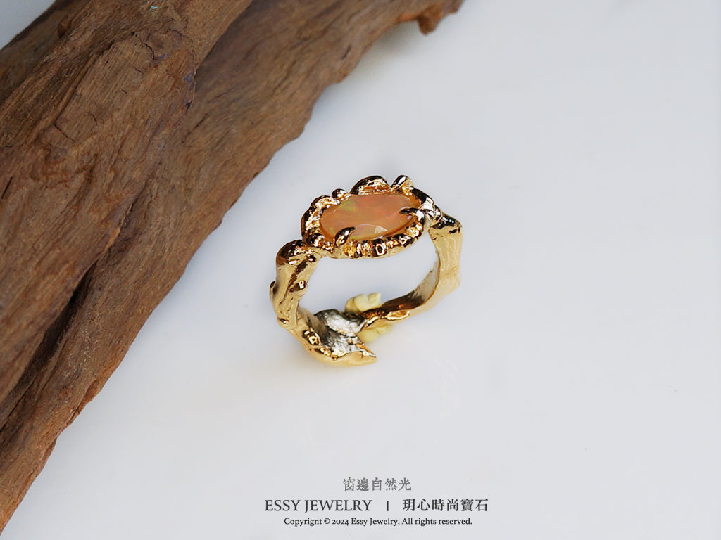 橘彩蛋白石 自然肌理紋 手工純銀戒