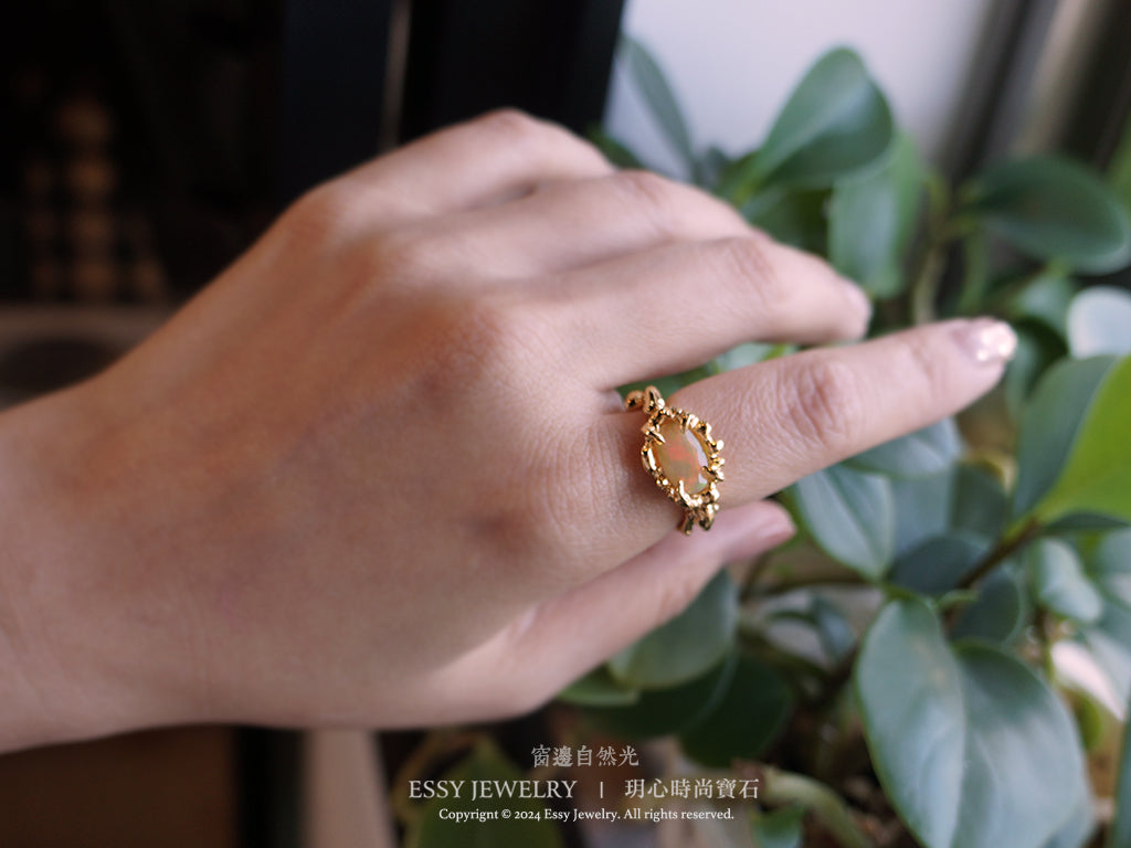 橘彩蛋白石 自然肌理紋 手工純銀戒