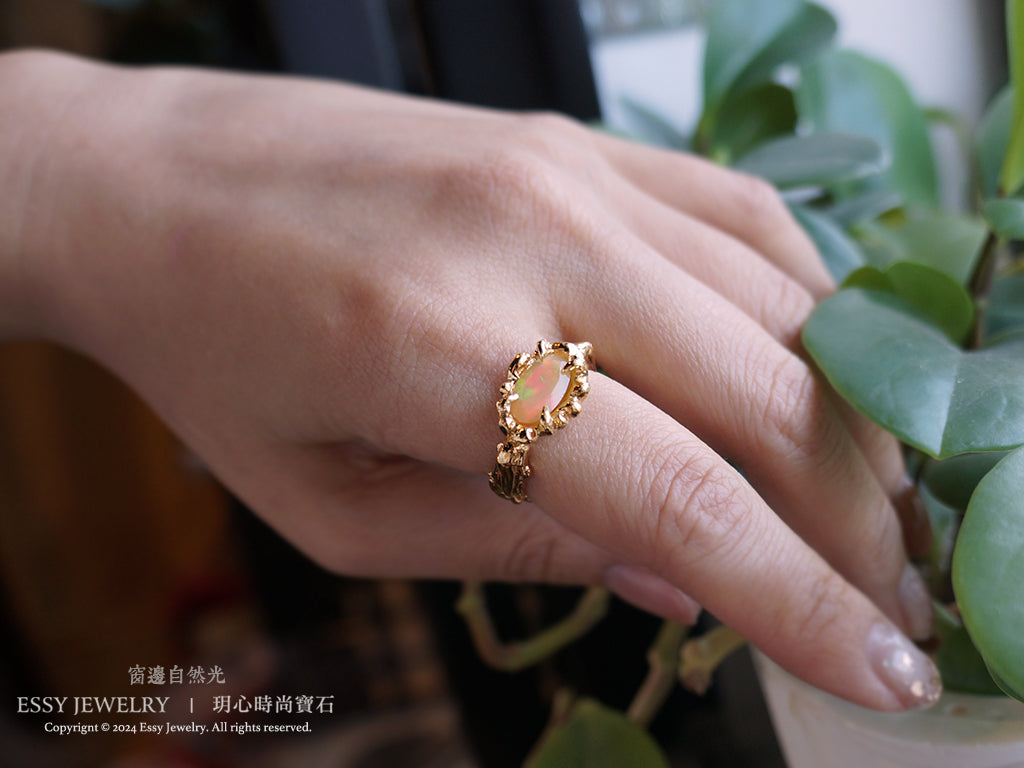 橘彩蛋白石 自然肌理紋 手工純銀戒